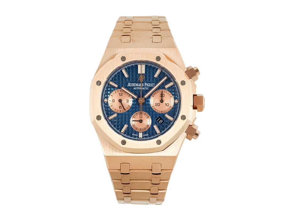 Royal Oak Chronograph 41mm in pink gold with a blue dial, featuring three sub-dials and a signature octagonal bezel.