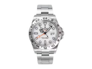 Explorer II Stainless Steel 'Polar' watch with white dial, 42mm case, black hour markers, orange hand on a metal bracelet.