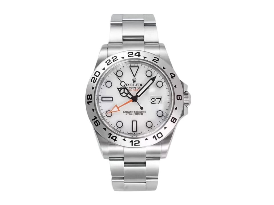 Explorer II Stainless Steel 'Polar' watch with white dial, 42mm case, black hour markers, orange hand on a metal bracelet.