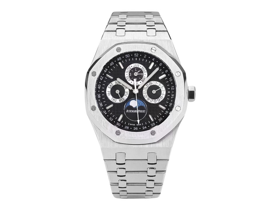 Royal Oak Perpetual Calendar Stainless Steel with Black Dial (41mm), featuring moon phase and sub-dial complications.