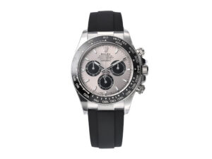 Cosmograph Daytona Stainless Steel Oysterflex with Grey Sunburst Dial (2023), featuring black bezel and rubber strap.