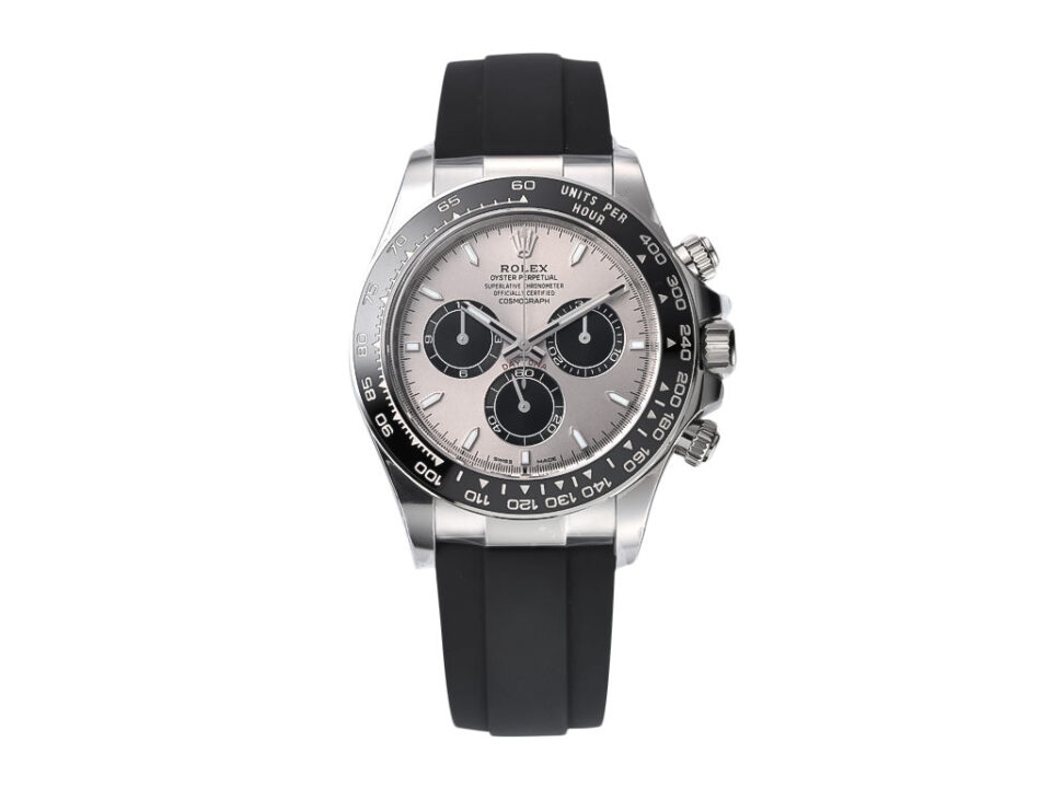 Cosmograph Daytona Stainless Steel Oysterflex with Grey Sunburst Dial (2023), featuring black bezel and rubber strap.