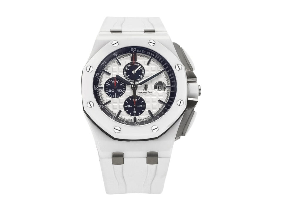 Royal Oak Offshore Chronograph Ceramic watch with white dial, 44mm case, and white strap displayed on a product page.