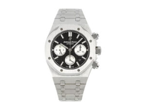 Royal Oak Chronograph Stainless Steel watch with black dial, 41mm case, and three sub-dials displayed on a linked bracelet.