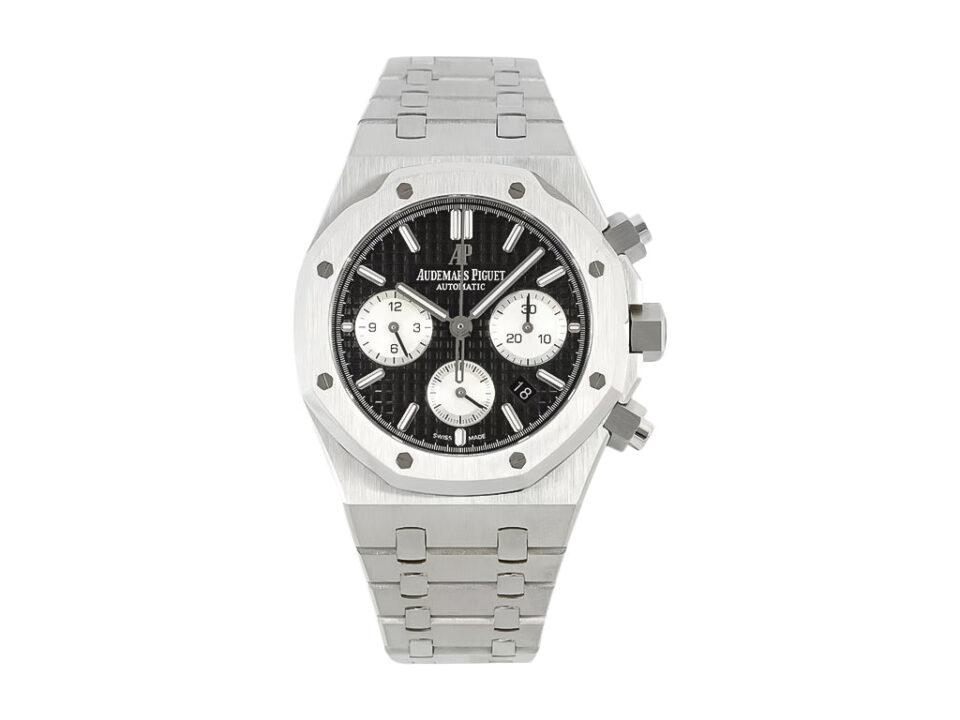 Royal Oak Chronograph Stainless Steel watch with black dial, 41mm case, and three sub-dials displayed on a linked bracelet.