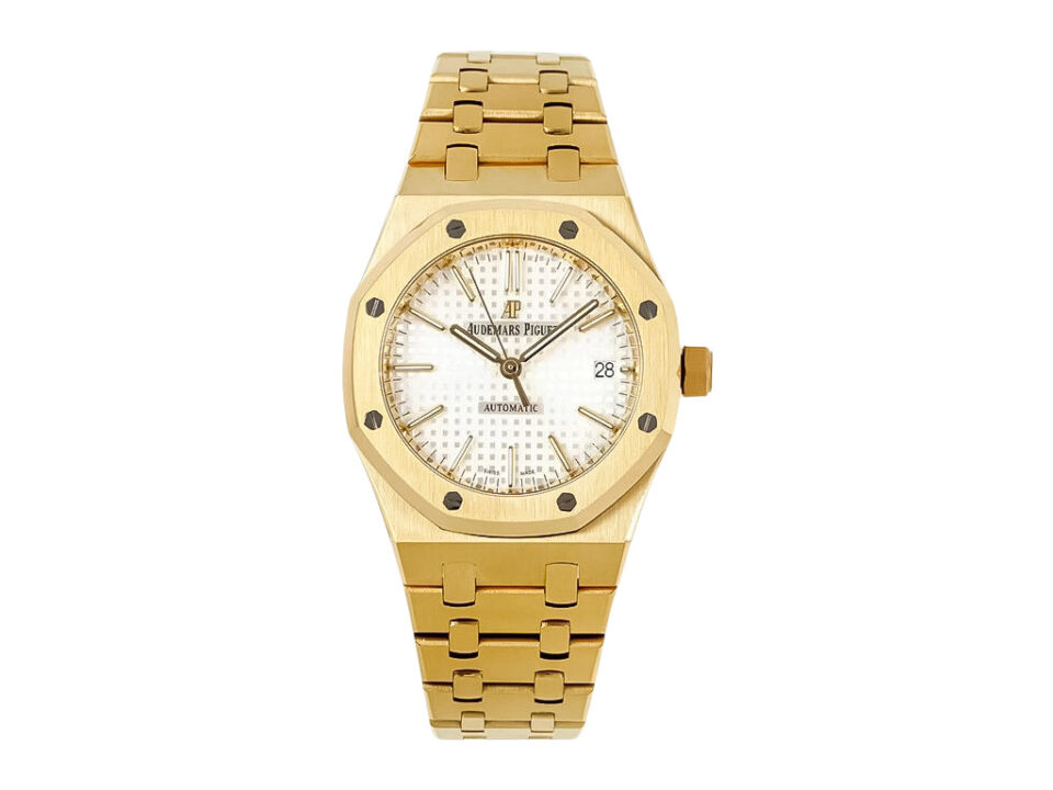 Royal Oak Yellow Gold with Silver Dial (37mm), featuring a sleek gold bracelet and an elegant silver-tone patterned dial.