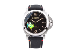 Luminor 1950 44 3 Days Automatic 'Roma' watch with stainless steel case, black sunburst dial, and black leather strap.