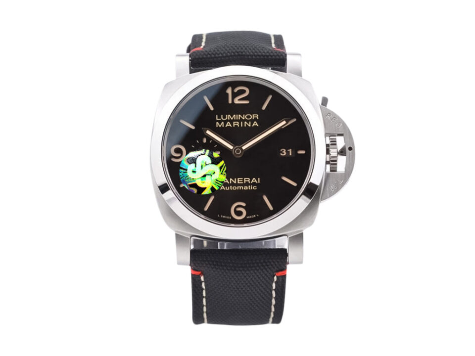 Luminor 1950 44 3 Days Automatic 'Roma' watch with stainless steel case, black sunburst dial, and black leather strap.