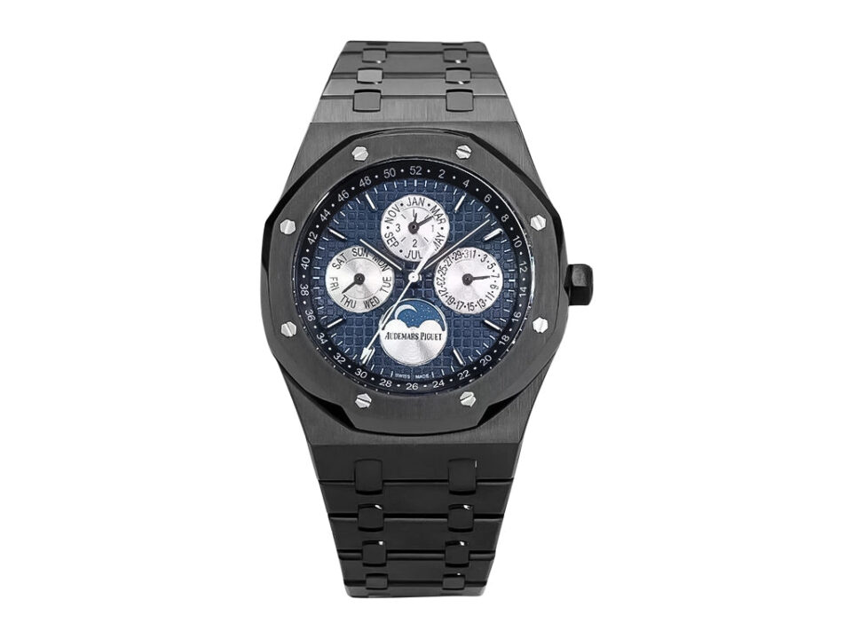 Royal Oak Perpetual Calendar Ceramic watch with 41mm case and blue dial, featuring subdials and sleek black ceramic bracelet.