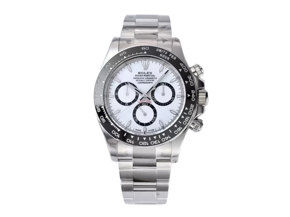 Cosmograph Daytona Stainless Steel ‘Panda’ (2023) with a white dial, black sub-dials, and an Oystersteel bracelet.