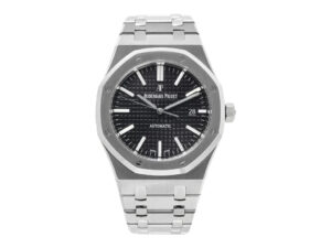 Royal Oak Stainless Steel watch with 41mm case, black dial, luminescent markers, and integrated bracelet – Model 15400.