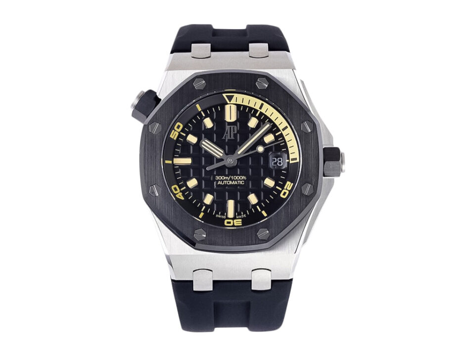 Royal Oak ‘Offshore Diver’ Stainless Steel watch, 42mm with black dial, yellow accents, and black rubber strap.