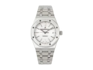 Royal Oak Stainless Steel watch with a 37mm case, silver dial, date display at 3 o’clock, and integrated metal bracelet.
