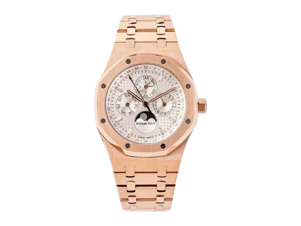 Royal Oak Perpetual Calendar watch in 41mm, pink gold case and bracelet, silver dial with moon phase and calendar displays.