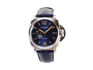 Luminor Due 42 Automatic watch with titanium case, blue dial, and blue leather strap (42mm) displayed on a white background.
