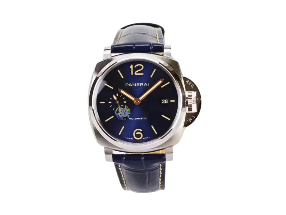 Luminor Due 42 Automatic watch with titanium case, blue dial, and blue leather strap (42mm) displayed on a white background.