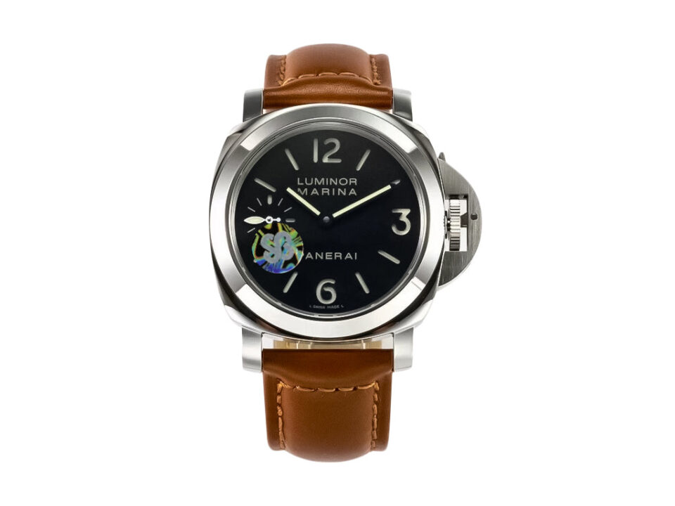 Luminor Marina Stainless Steel Watch with Black Dial, Brown Leather Strap, and 44mm Case displayed on a white background.