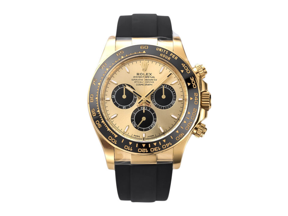 Cosmograph Daytona Yellow Gold Oysterflex with Champagne Dial (2023) featuring a black bezel and three sub-dials.