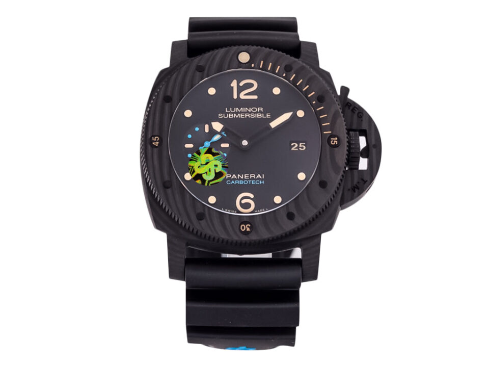 Luminor Submersible 47 3 Days Automatic watch with titanium and carbon case, black dial, and black rubber strap.
