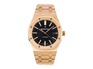 Royal Oak Pink Gold with Black Dial (41mm) – 15400, featuring an elegant black dial and pink gold bracelet.
