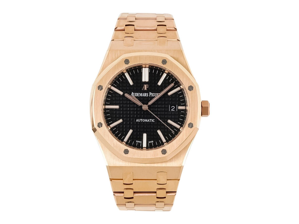 Royal Oak Pink Gold with Black Dial (41mm) – 15400, featuring an elegant black dial and pink gold bracelet.