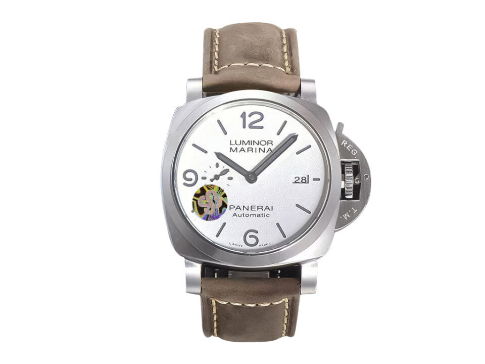 Luminor 1950 44mm watch with brushed stainless steel case, polished bezel, white dial, date display, and brown leather strap.
