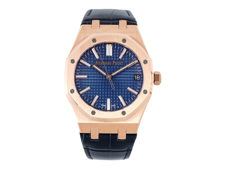 Royal Oak Pink Gold '50th Anniversary' watch with blue dial, leather strap, and 41mm case displayed on product page.
