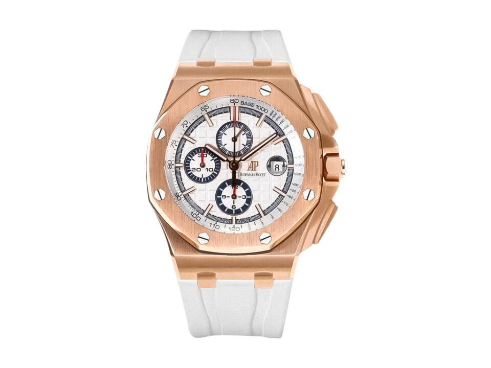 Royal Oak ‘Offshore Chronograph’ 44mm watch in pink gold, white dial with subdials, and a white strap.