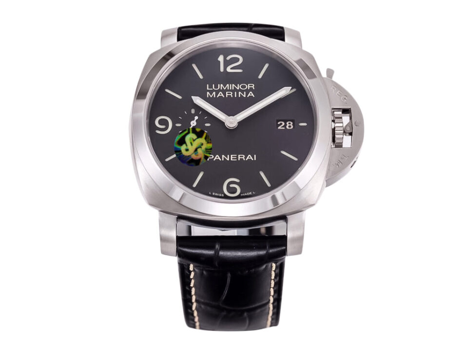 Luminor 1950 3 Days Automatic watch in stainless steel, black dial with date display, and black leather strap (44mm).
