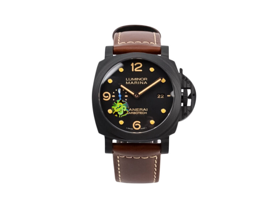 Luminor 1950 44 3 Days Automatic ‘Carbotech’ watch with titanium and carbon case, black dial, and brown leather strap.