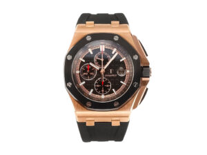 Royal Oak ‘Offshore Chronograph’ 44mm watch in pink gold with black dial, black subdials, and black strap.