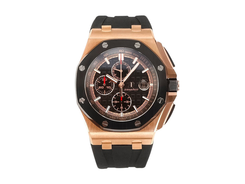 Royal Oak ‘Offshore Chronograph’ 44mm watch in pink gold with black dial, black subdials, and black strap.