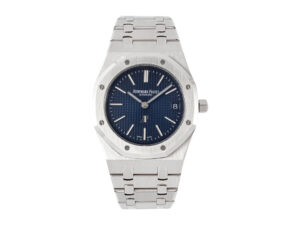 Royal Oak ‘Jumbo Extra-Thin’ Stainless Steel ‘50th Anniversary’ watch with blue dial and integrated bracelet.