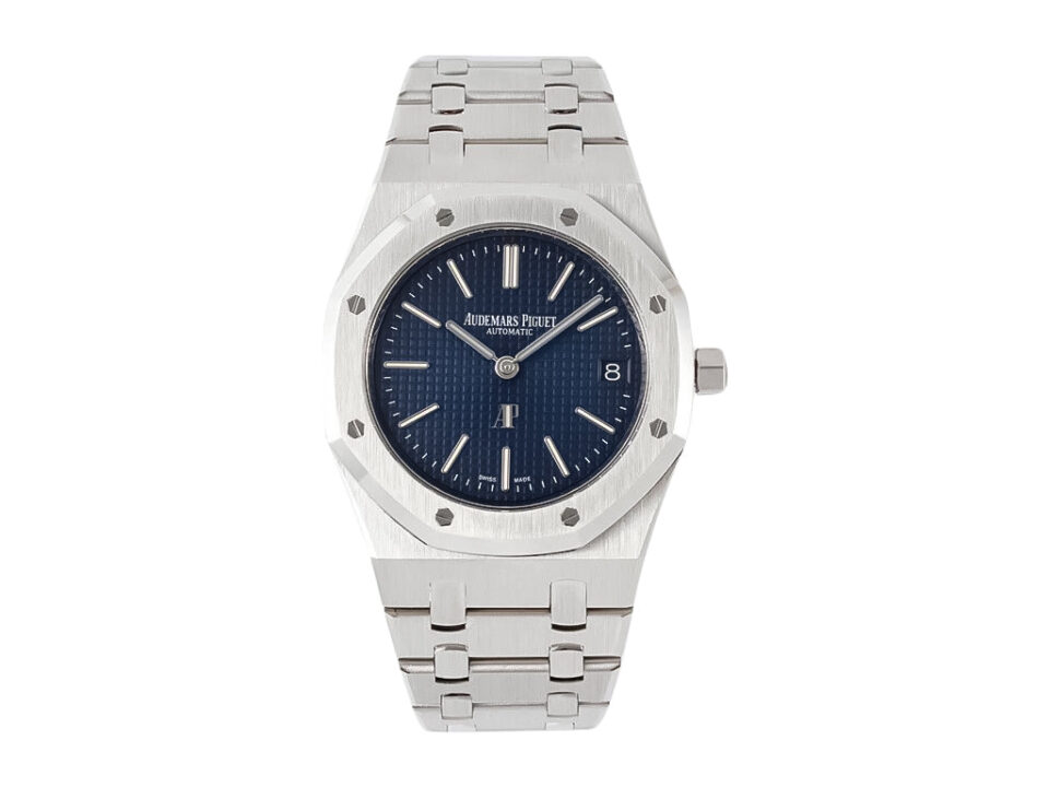 Royal Oak ‘Jumbo Extra-Thin’ Stainless Steel ‘50th Anniversary’ watch with blue dial and integrated bracelet.