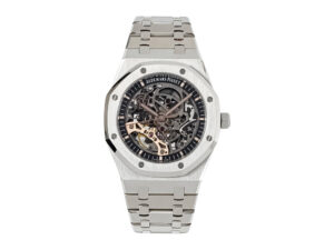 Royal Oak Stainless Steel Openworked Double Balance Wheel watch with intricate skeleton design, 41mm case, steel bracelet.