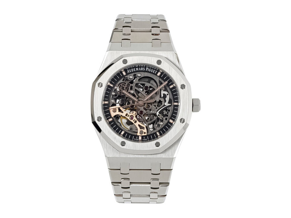 Royal Oak Stainless Steel Openworked Double Balance Wheel watch with intricate skeleton design, 41mm case, steel bracelet.