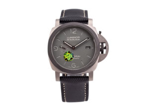 Luminor 1950 44mm 3 Days Automatic 'TuttoGrigio' watch with titanium case, forged carbon bezel, and black strap.