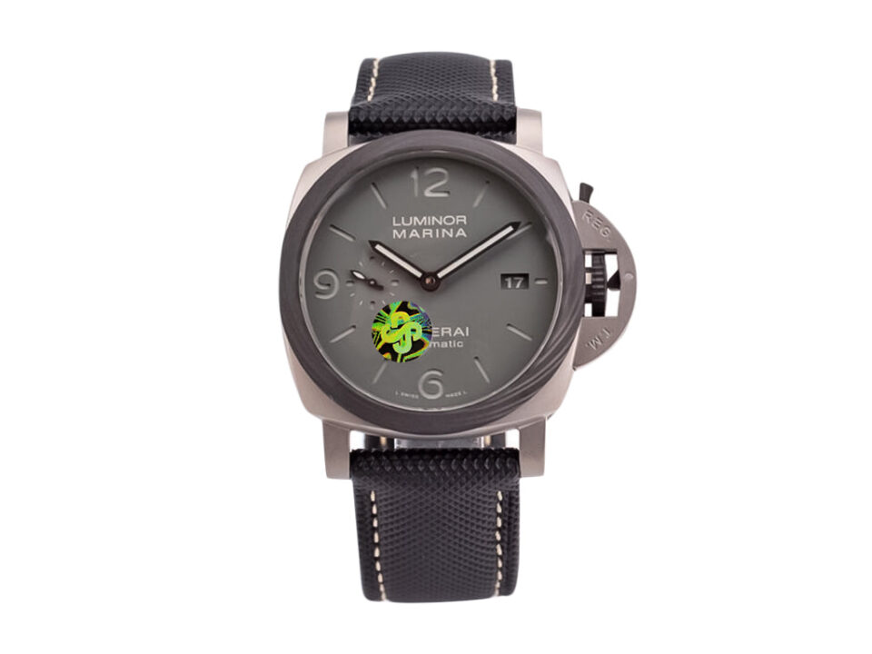 Luminor 1950 44mm 3 Days Automatic 'TuttoGrigio' watch with titanium case, forged carbon bezel, and black strap.