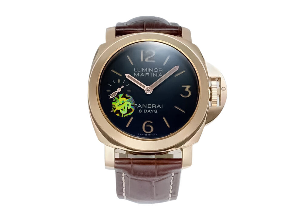 Luminor Marina 44 8 Days Automatic Red Gold watch with a brown dial, green detail, and a brown leather strap.
