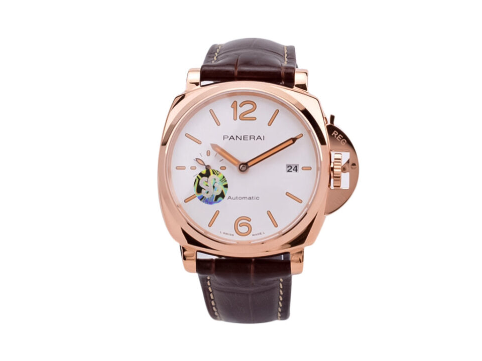 Luminor Due 42 Automatic watch with Goldtech case, white dial, and brown leather strap displayed against a white background.