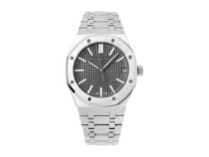 Royal Oak Stainless Steel '50th Anniversary' watch with a 41mm case, grey patterned dial, and stainless steel bracelet.