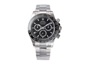 Cosmograph Daytona Stainless Steel with Black Dial (2023) featuring chronograph sub-dials, tachymeter bezel, steel bracelet.