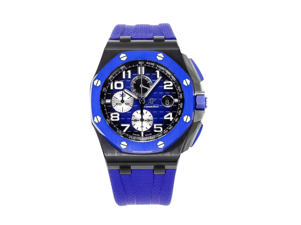 Royal Oak Offshore Chronograph with blue ceramic bezel and dial, 44mm case, blue strap, and silver-tone accents.