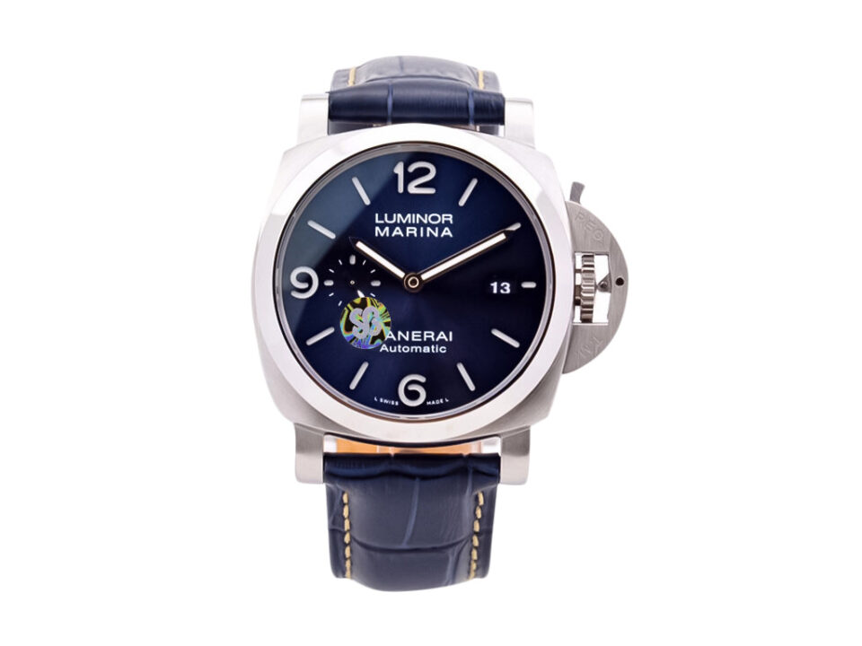 Luminor 1950 Marina 3 Days Automatic watch with stainless steel case, blue sunburst dial, and blue strap (44mm).