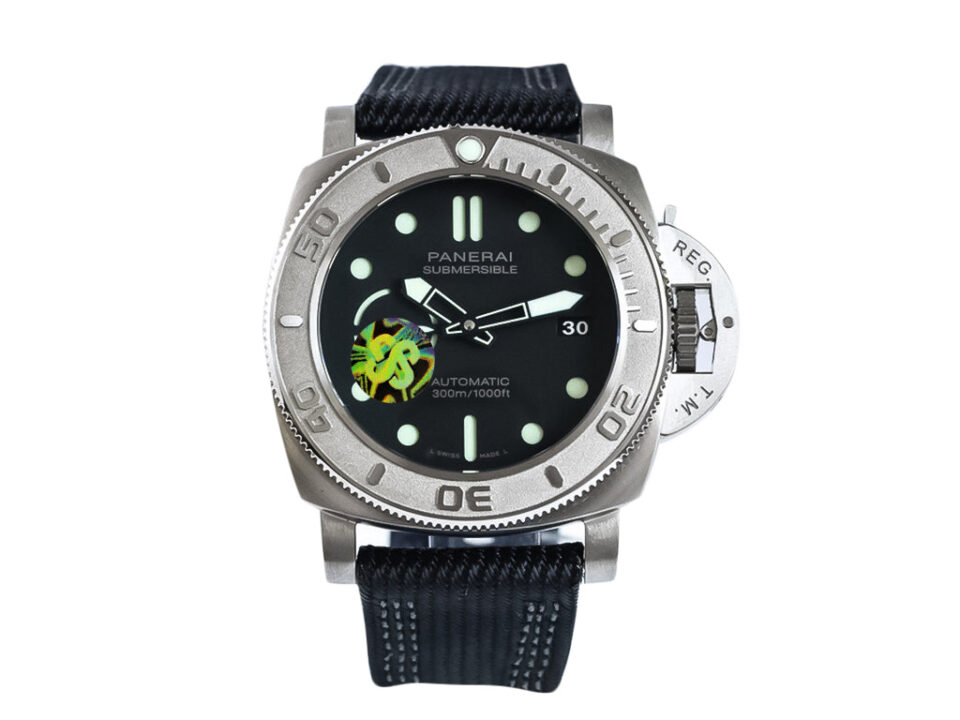 Luminor Submersible 47 'Mike Horn Edition' watch with titanium case, titanium bezel grad, and black strap front view.
