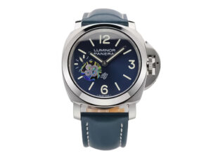 Luminor Marina Logo 3 Days ‘Blu Mare Edition’ watch with stainless steel Bettarini-style case and blue leather strap.