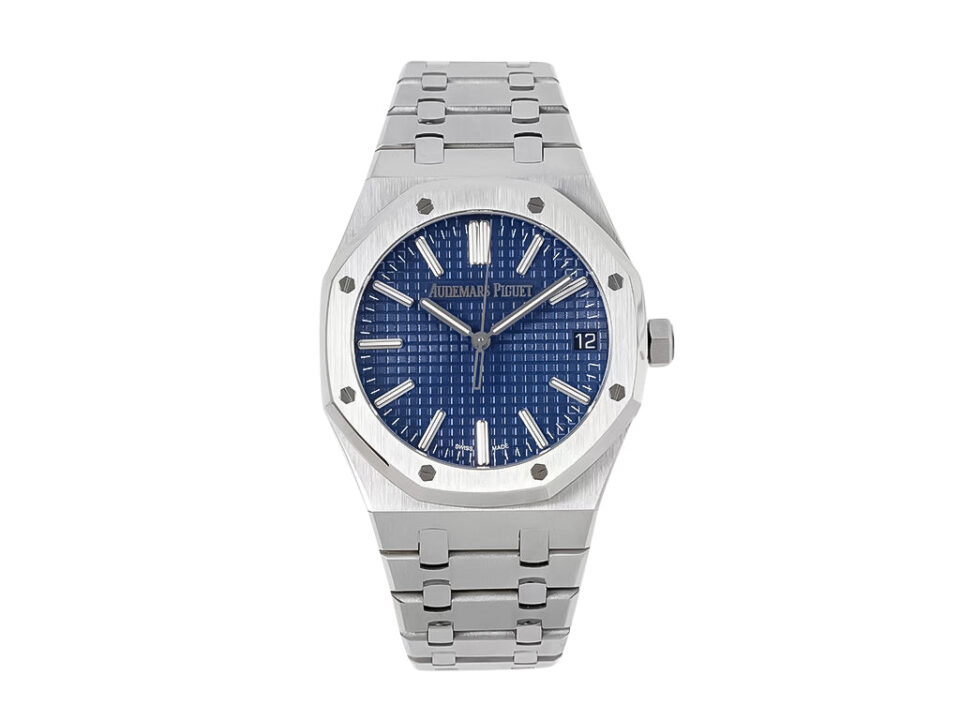 Royal Oak Stainless Steel '50th Anniversary' with blue dial, 41mm case, octagonal bezel, and integrated bracelet.