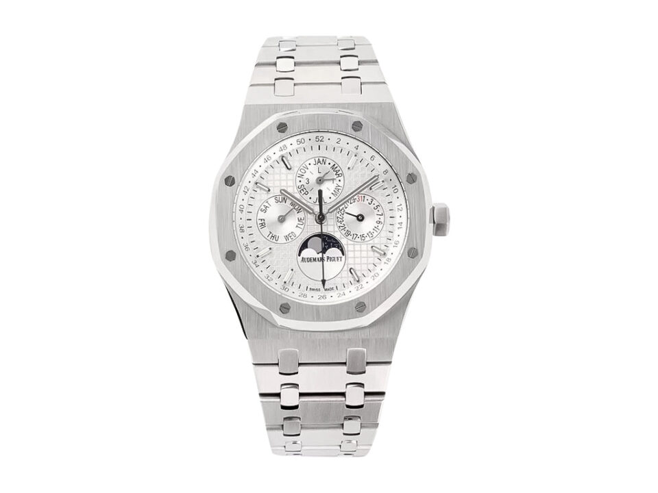 Royal Oak 'Perpetual Calendar' Stainless Steel watch with 41mm case silver dial, featuring moonphase and calendar functions.