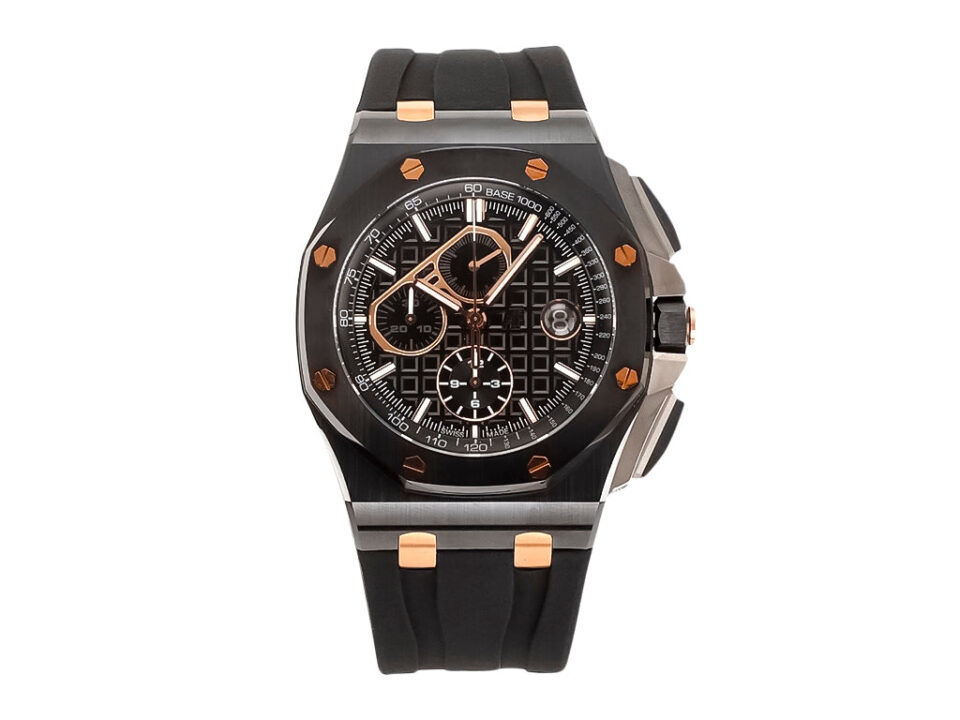 Royal Oak ‘Offshore Chronograph Gims’ Ceramic with black dial, 44mm case, rose gold accents, and a black rubber strap.