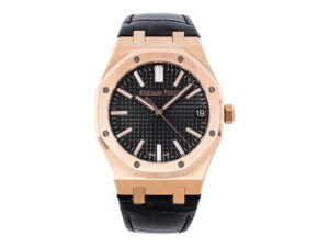 Royal Oak Pink Gold 50th Anniversary watch with black dial, leather strap, and 41mm case displayed on a white background.
